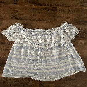 American Eagle Outfitters Blue and White Ruffle Blouse